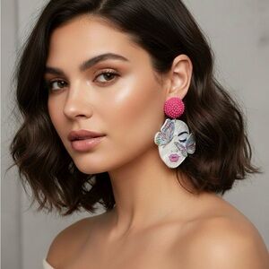 Butterfly Face Acrylic Earrings-Abstract Art Portrait Drops. Colorful Statement